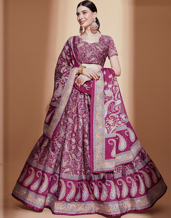 Exquisite Crochet Embroidered Lehenga Choli Collection Purple Chinon Lehenga Choli Front View